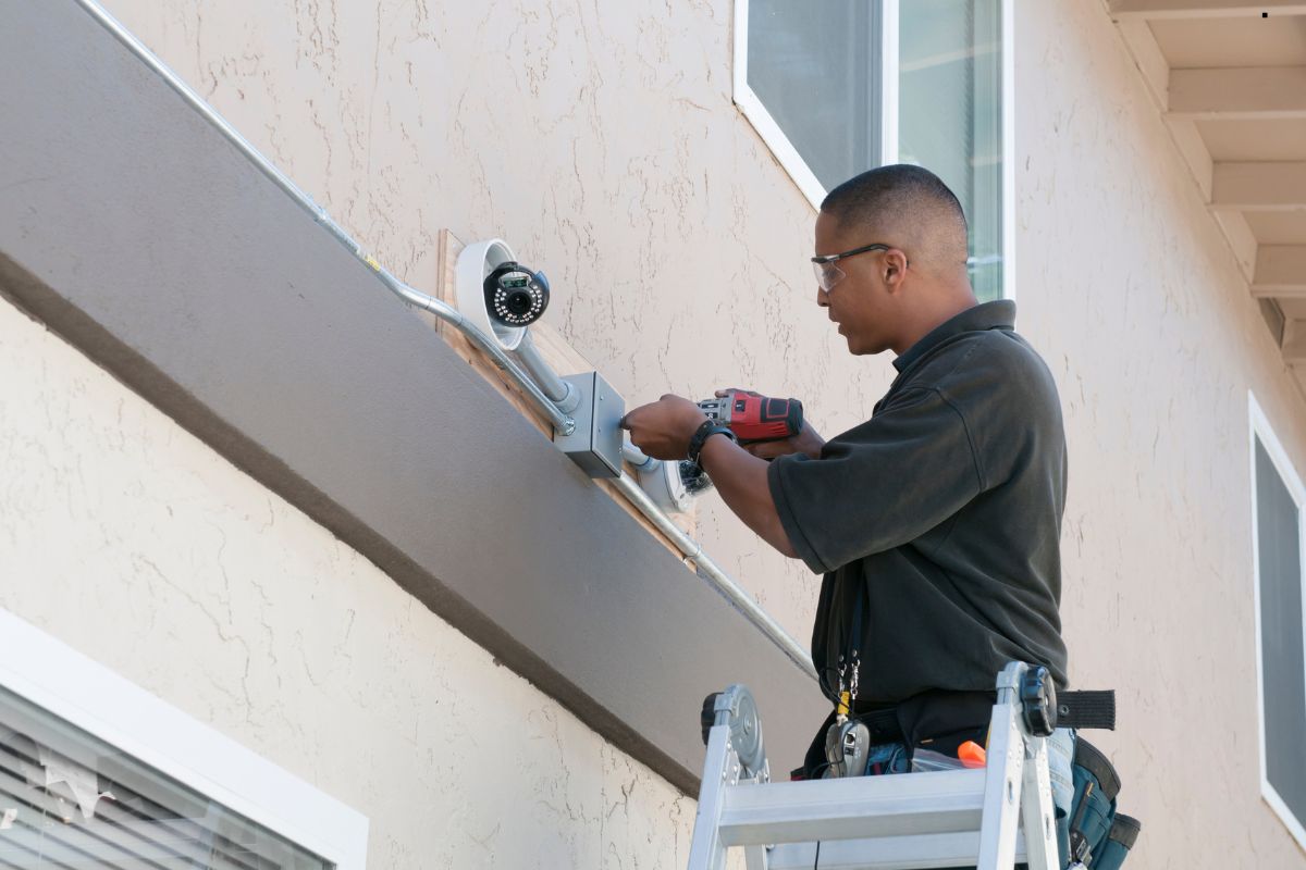 A technician uses a power drill to install a surveillance camera on the exterior of a building while standing on a ladder. 