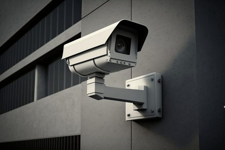 A white security camera mounted on a concrete wall, overlooking a modern building with large glass windows.