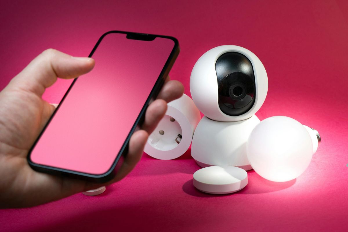 A hand holds a smartphone near smart home devices, including a camera and a light bulb, against a vibrant pink background.