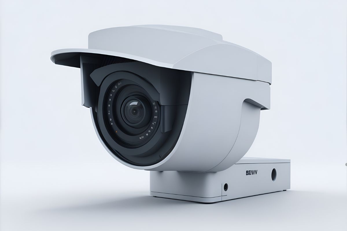 A white surveillance camera with a sleek design and large lens, mounted on a flat base, against a light background.